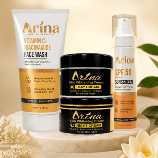 Arina Glow Combo: Day & Night Cream + Vitamin C Face Wash + SPF 50 Sunscreen for Skin Whitening